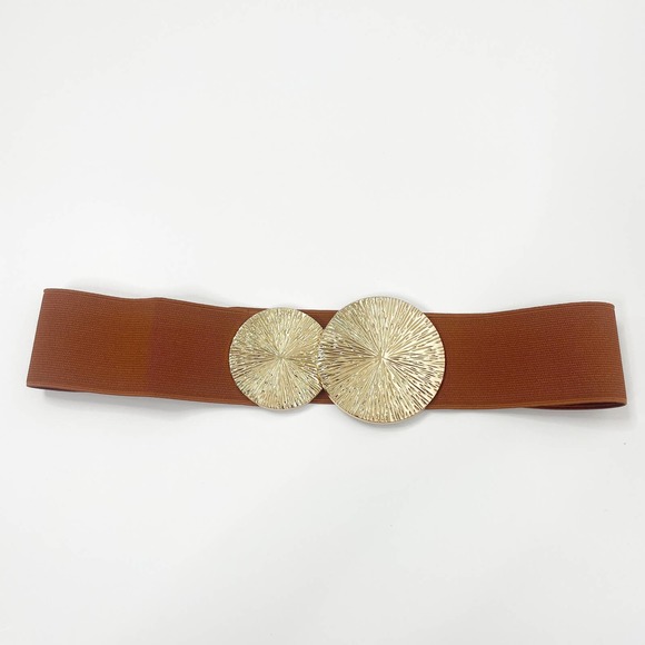 NEW Elastic Wide Corset Safe Waist Belt Metallic Snap Buckle Brown Cinched - Picture 3 of 9